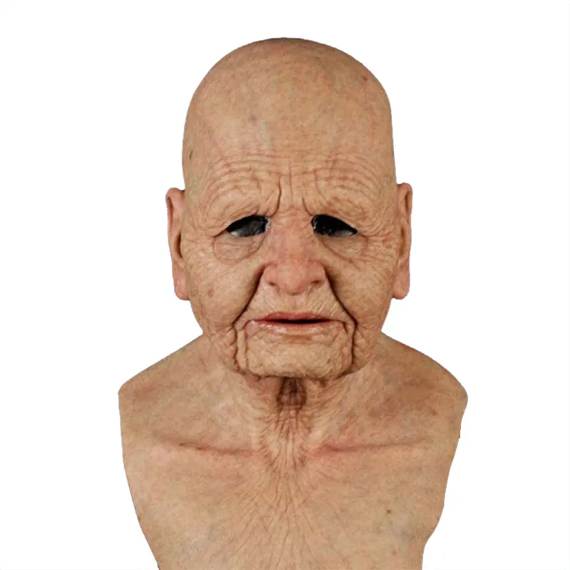 Realistic Latex Elderly Man Women Mask Halloween Costume Full Head Party Horror Elderly Man Adult Wig Grandfather Old Man Mask 220707