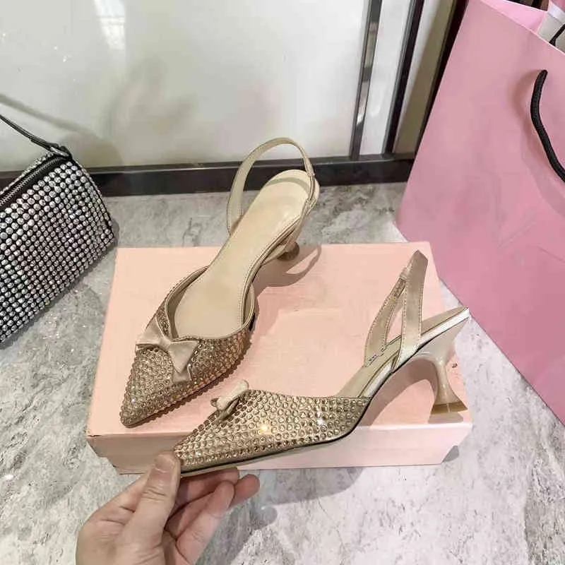 High version diamond studded bowknot high-heeled fashion sandals 2022mm home pointed elastic wine cup heel women`s shoes