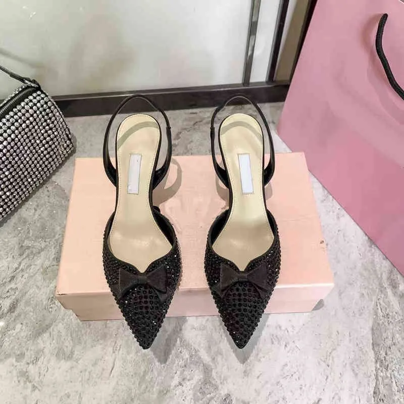 High version diamond studded bowknot high-heeled fashion sandals 2022mm home pointed elastic wine cup heel women`s shoes