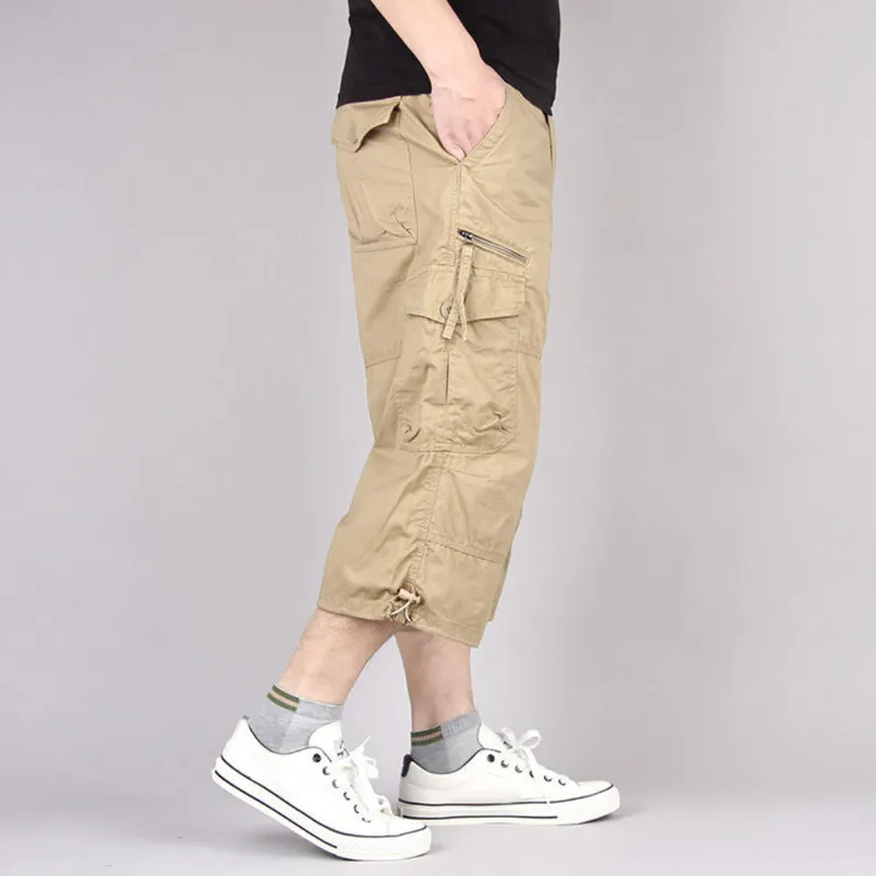 Summer Mens Casual Cotton Cargo Shorts Overalls Long Length Multi Pocket breeches Military Pants Male Cropped 220629