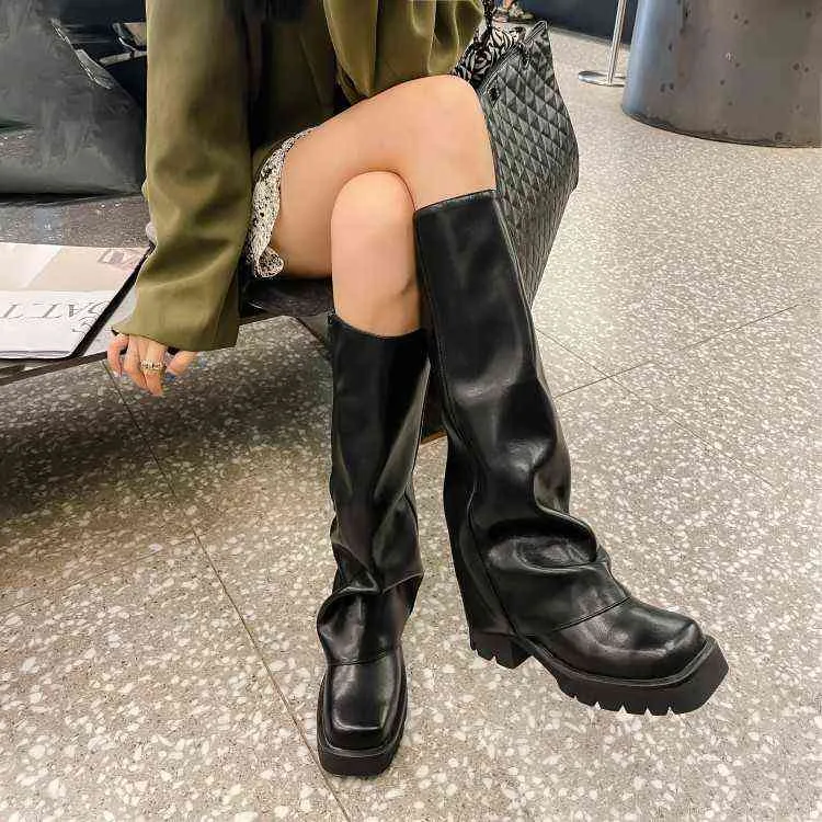 Knee Boots Designer Women Fashion Trouser Leg Boots Side Zipper Square Head Trend Street Thick Bottom Knight Boot 220802