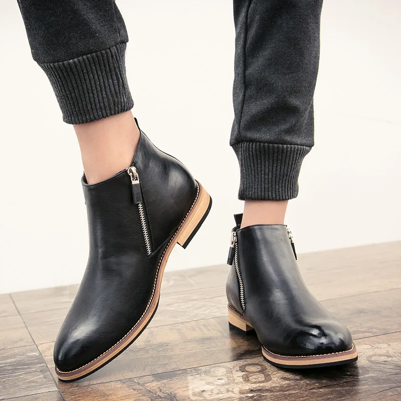 Men Ankle Boots Business Zipper PU Leather Formal Shoes Low Heel Slip on Decoration British Style Fashion Retro Versatile DH916