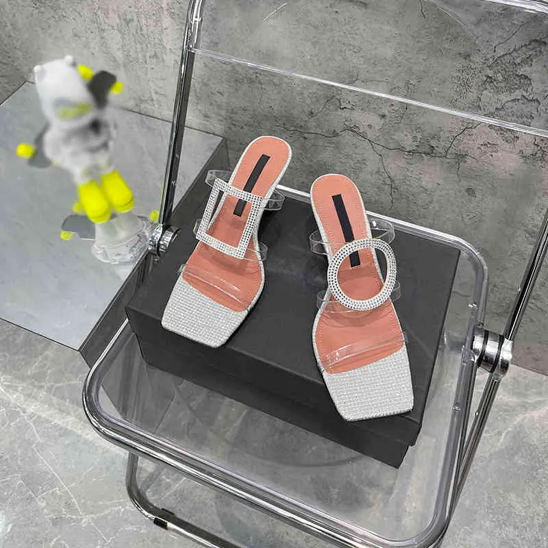 Sandals Women Brand Transparent Sandals Sexy Silver Heeled Beaded Sandal High Heels Heel Summer Leather Slippers Fenty Slides Stiletto Shoes 220510