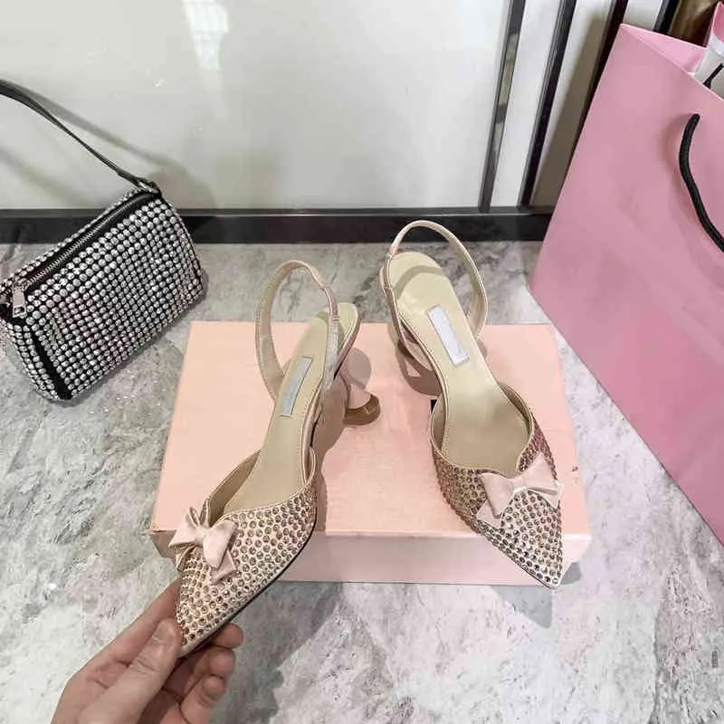 High version diamond studded bowknot high-heeled fashion sandals 2022mm home pointed elastic wine cup heel women`s shoes