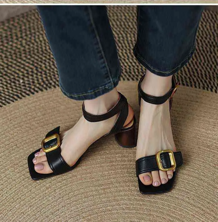 Fashion literature and art metal belt square buckle summer Korean version new thick high heel soft leather one line buckle sandals women