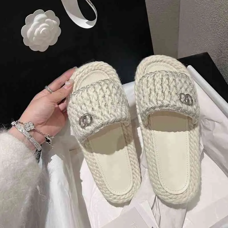 Summer High Quality Weave Slipper Open Toe Flat Casual Sandal Female white heels women luxury brand woman shoe designer shoes G220521