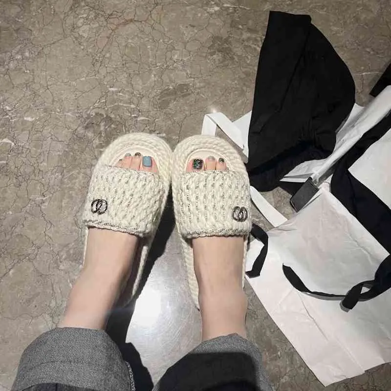 Summer High Quality Weave Slipper Open Toe Flat Casual Sandal Female white heels women luxury brand woman shoe designer shoes G220521