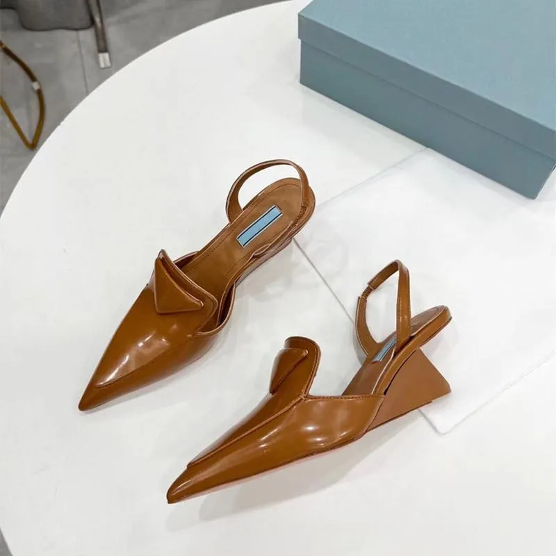 Wedges Sandals Women Pointed Toe High Heels Leather Patent High Heel Back Strap Designer Sandals New Spring Shoe