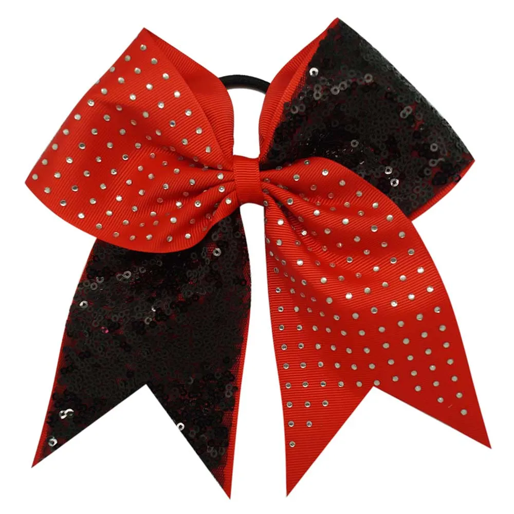 7`` Solid Sequins Rhinestone Boutique Grosgrain Ribbon Cheer Bow With Elastic Hair Bands For Cheerleading Girl Hair247L