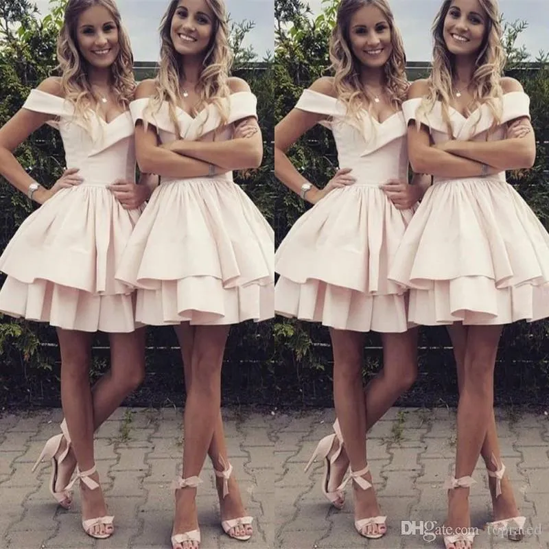 Off-Shoulder Satin short bridesmaid dresses with Tiered Skirt - Affordable A-Line Homecoming & Formal Wear for Girls (Style 0430)