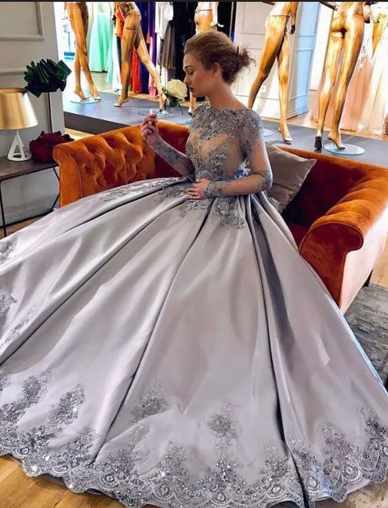Lavender Beaded Lace quinceanera dress with Illusion Long Sleeves and Stain Formal Party Gown - Sweet 16 Gop 0510