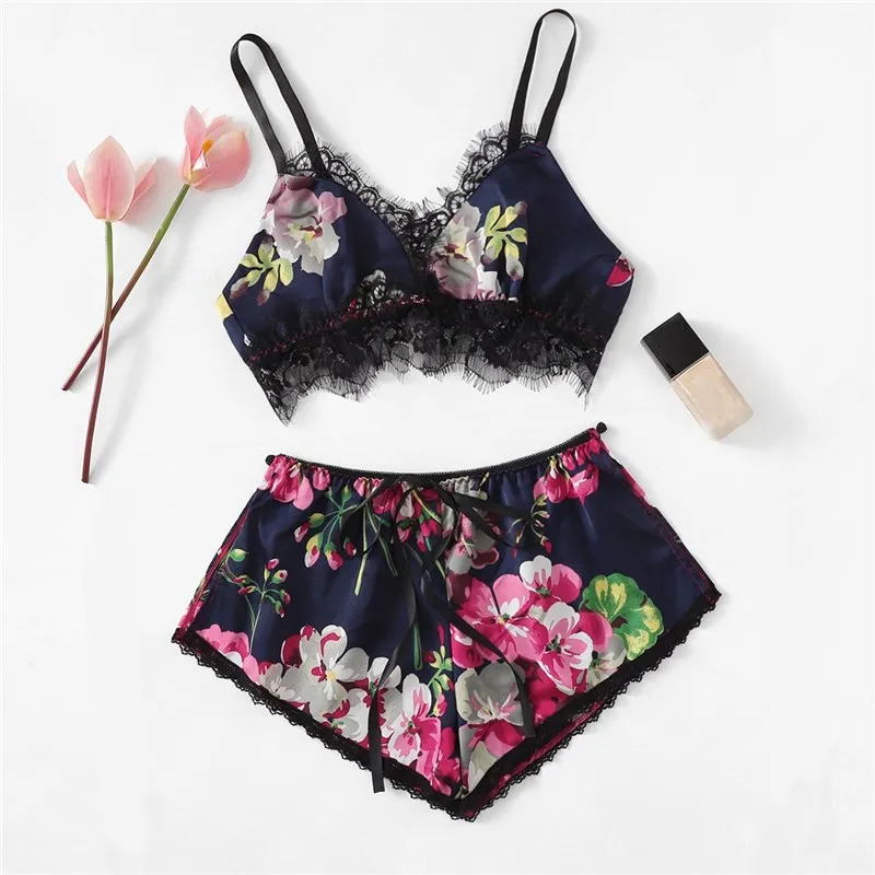 Floral Print Satin Lingerie Set: Sexy Lace Trim Wireless Bra - Boho Lingerie  - Shop Now! from Dhgate Bras Sets - price 10.38