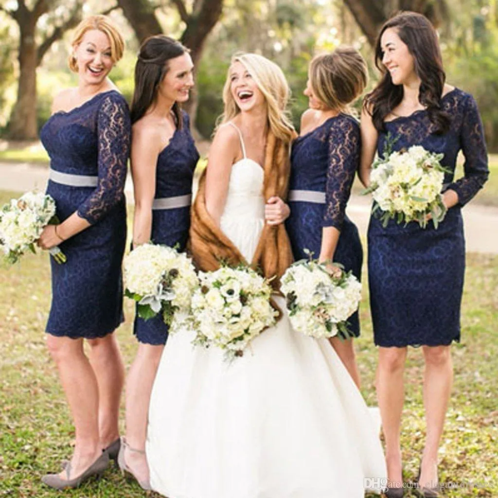 Affordable Navy Blue Lace Sheath Blue formal dresses short with 3/4 Sleeves for Bridesmaids, Maid of Honor, and Guests - Style 0430 Affordable Navy Blue Lace Sheath Blue formal dresses short with 3/4 Sleeves for Bridesmaids, Maid of Honor, and Guests - Style 0430