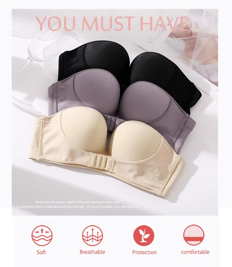 Wirefree Push Up Non Slip Invisible Bra, Mango Lift Bra Strapless Front  Closure Strapless Sexy Front Buckle Bra for Women