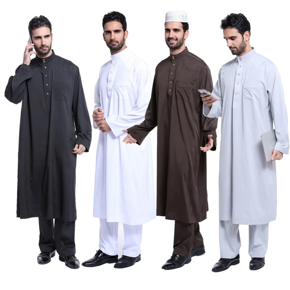 Bespaar veel op bulk Men Thobe Muslim Arabic Islamic Clothing Ethnic Kaftan  Man Long Shirts Sleeve Abaya Male Tat Traditional Costumes Long Robe Gown 