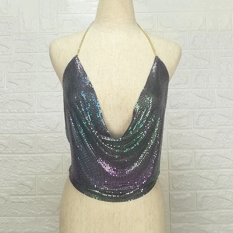 Rhinestone Backless Metal Super Flash Halter Tank Top Rhinestone Backless Metal Super Flash Halter Tank Top