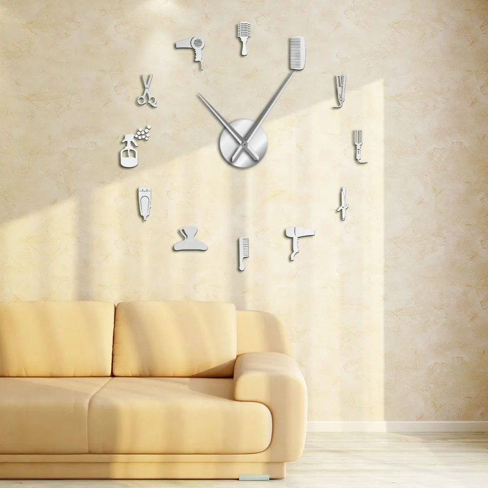 Reloj de pared Barbería Herramienta para el cabello Gran DIY Reloj de pared  Pegatinas sin marco Salón de belleza Relojes grandes Peluquería Decoración