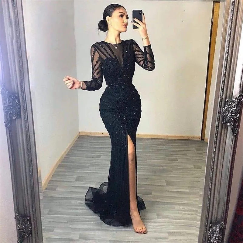 Vintage Black Side Split Mermaid Evening Dresses O Neck Long