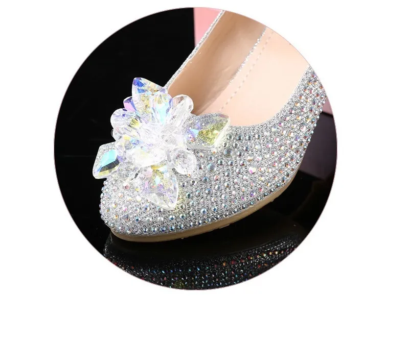 Generisch Prinsessenschoenen voor meisjes, glitter, strass, schoenen met hoge hakken, meisjes, pailletten, prinsessenschoenen, feesten, bruiloften, sandalen met klittenband, elegante sandalen met lage