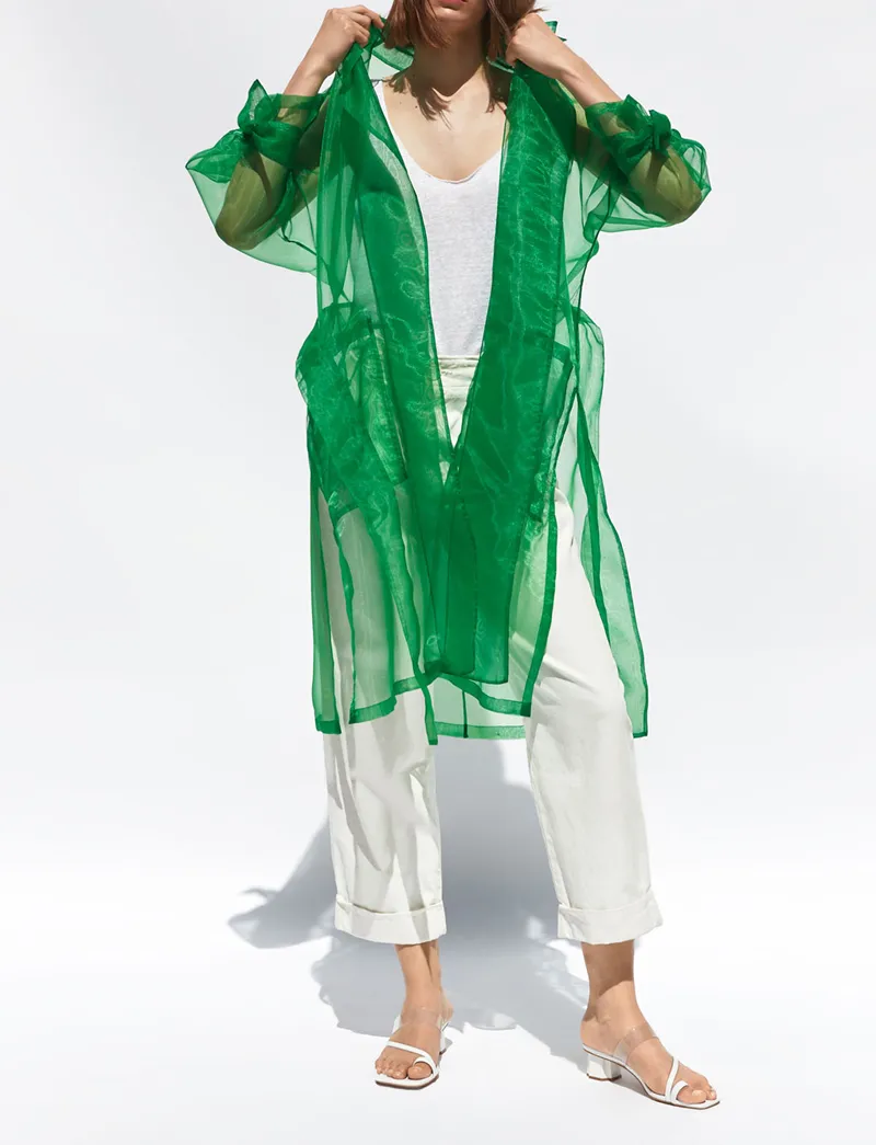 YNZZU Chic Organza Green Women Trench Coat 2019 Autumn Long Style