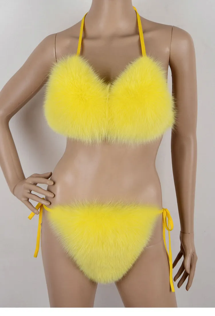 Women Fur Bra Set Woman Fluffy Furry Slides Fur Bikini Fluffy Boa