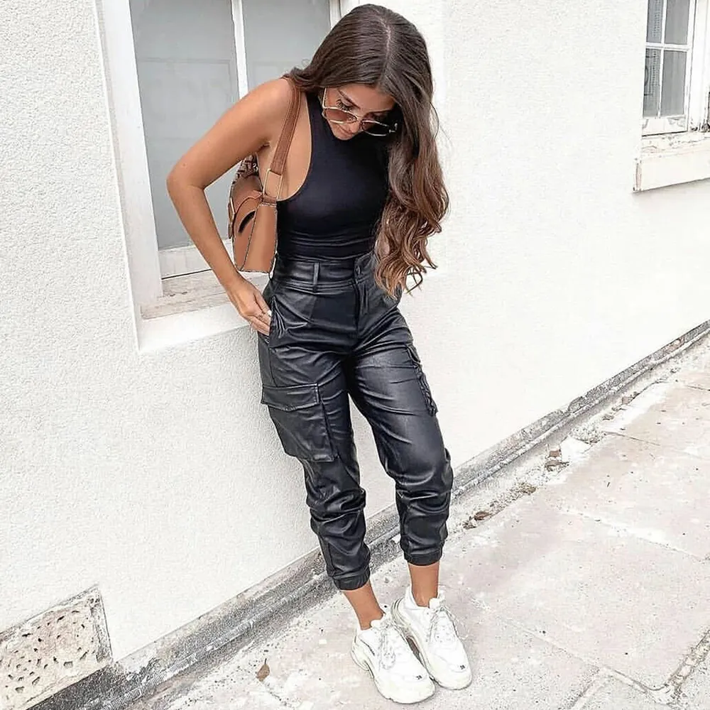 Fashion Girls High Waist PU Leather Pants Spring Women Black Faux Leather  Cargo Pants Ladies Punk Trousers Streetwear D30 200930 From Huafei02,  $32.28
