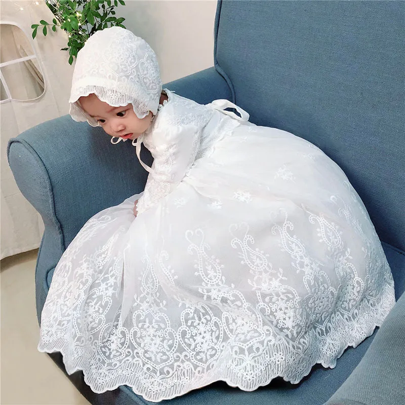 Amazon.com: Long Ivory Christening Gown for Baby Girls Lace Baptism Dress  with Bonnet 3M: Clothing, Shoes & Jewelry