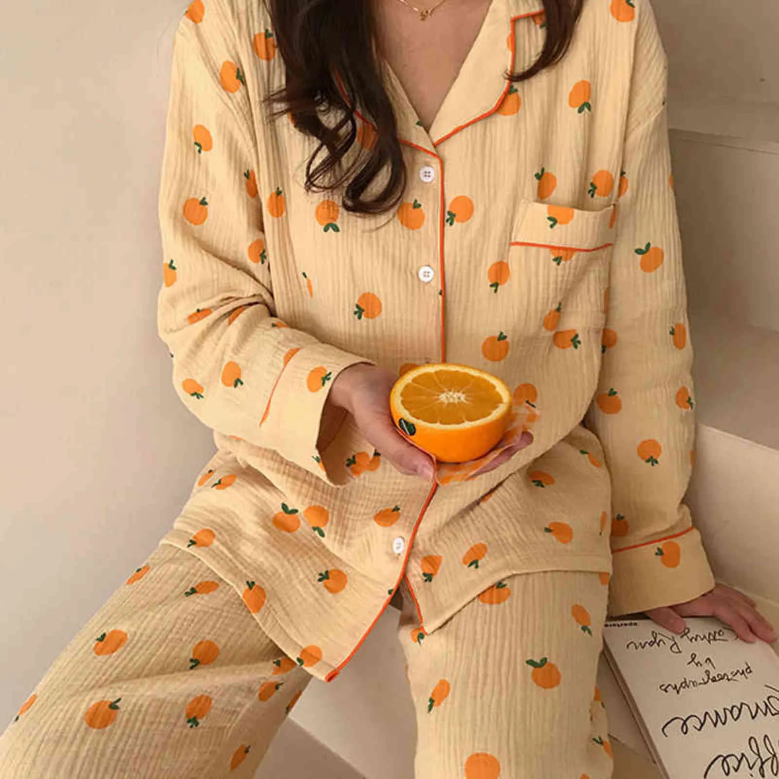 Cotton Home Suits Korean Sleepwear Orange Print Pajamas For Women