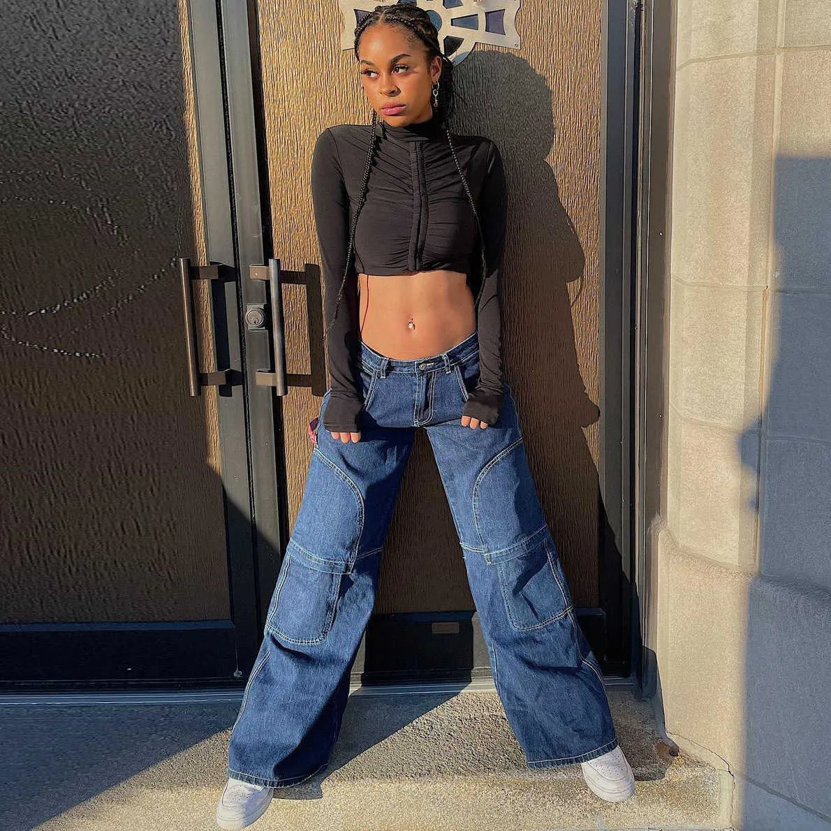 Loose Wide Leg Pants Y2K Low Rise Baggy Jeans Women 2021 Summer Fashion  Streetwear Dark Blue Denim Cargo Pant E Girl Trousers Y0607 From Cow01,  $54.61