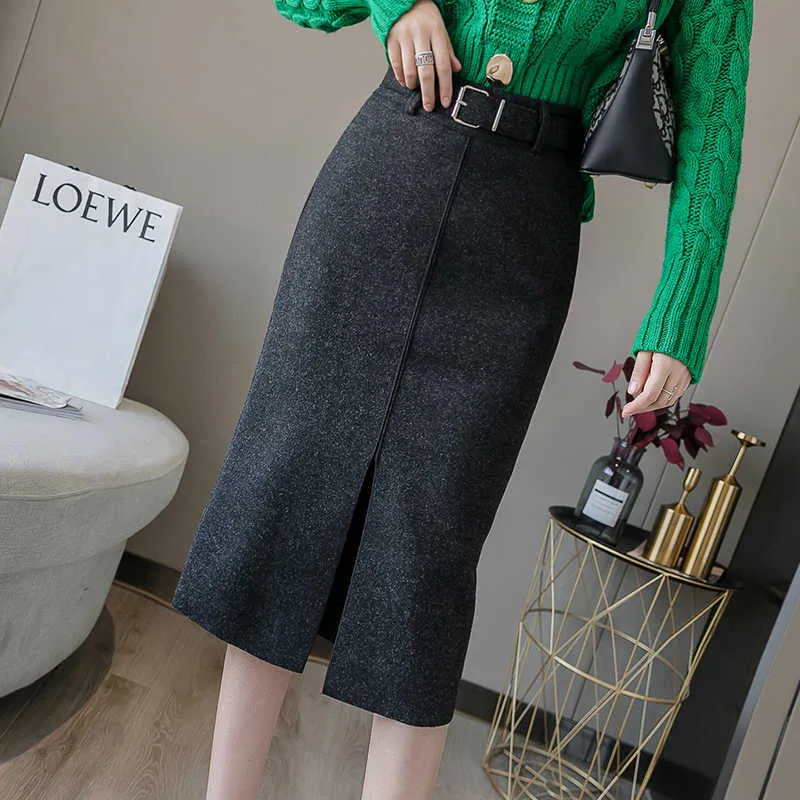 Flectit Women Wool Pencil Skirt With Belt Front Split High Waist Midi Length Warm Skirt Autumn Winter Ladies Outfits 211119 From 48 41 DHgate