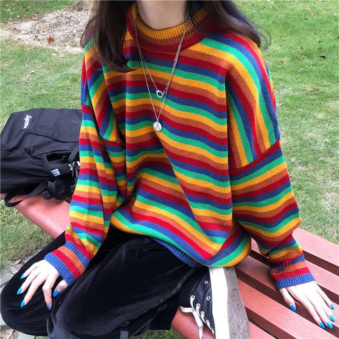 Colorful Striped Womens Jumper Oversized Striped Sweater Cute Kawaii Loose Ins Style Retro Harajuku Chic Style 210812 From Kong00 15.39 DHgate.Com