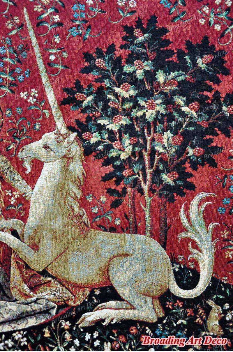 Aubelin Tapestry Large DESIRE The Lady & Unicorn Medieval Tapestry Wall Hanging Jacquard Weave Size 55x46
