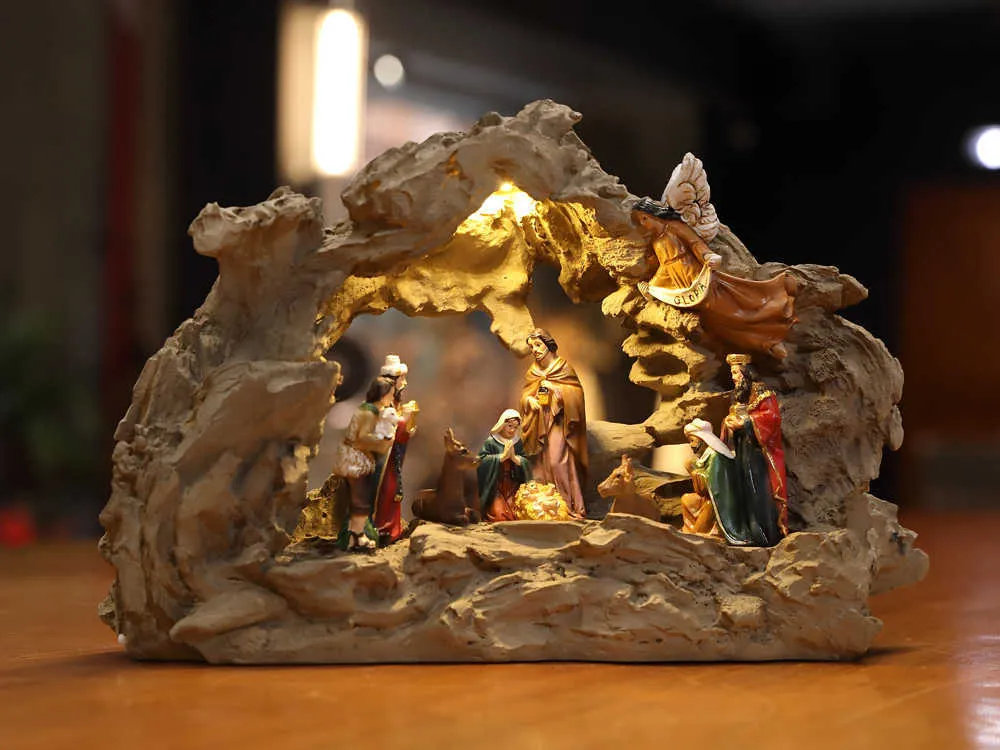 樹脂クリスマスキリスト降誕像の置物設定屋内と屋外の装飾のためのLED