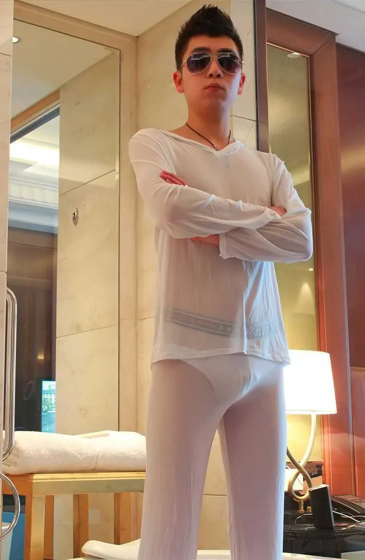Sexy Men 1 Pajamas Set Wear Pajamas Sleepwear See Through Loose Mesh Sheer Lounge Pants Erotic Lingerie FX1041 210901 From 15 73 DHgate