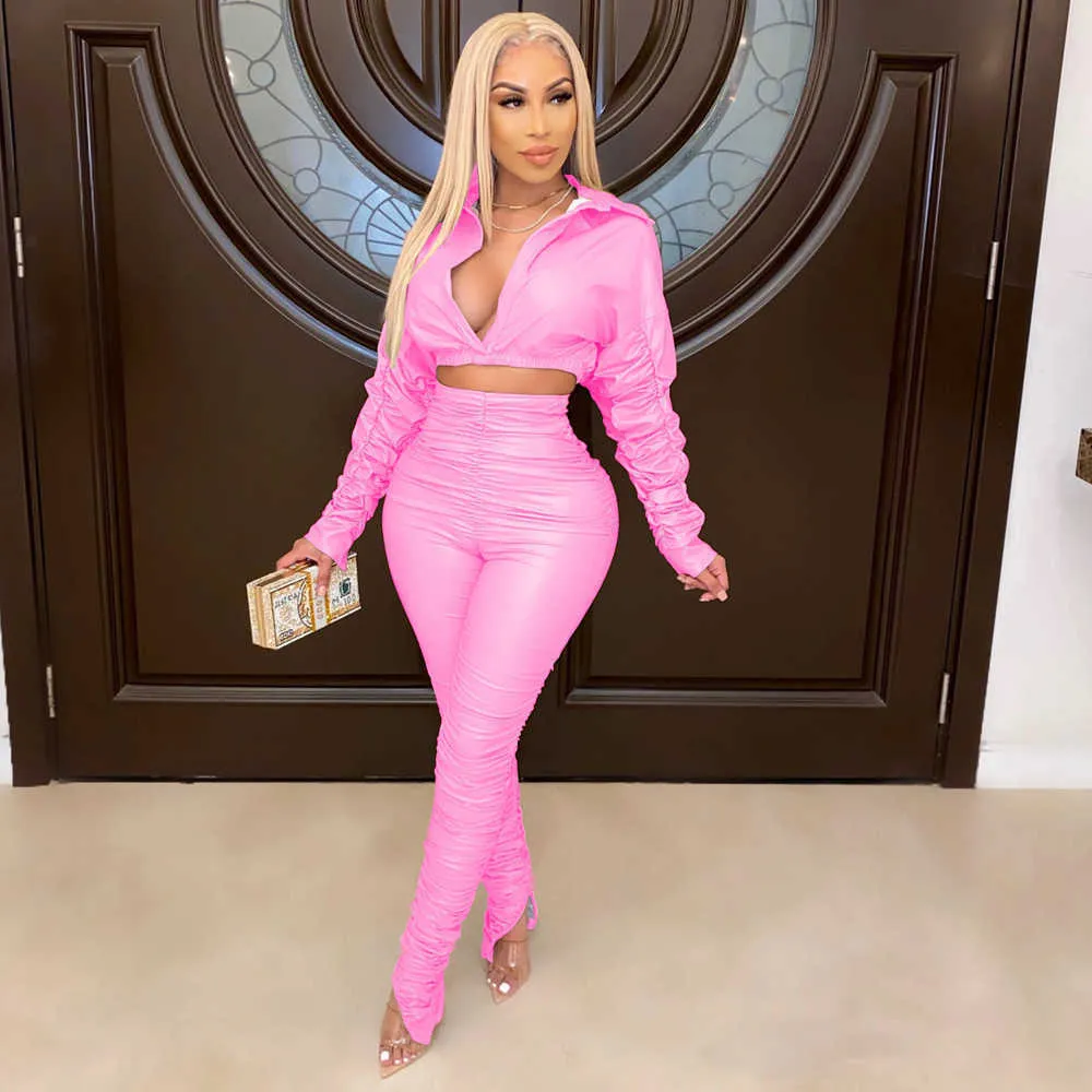 Sexy PU Faux Leather Two Piece Outfits for Women Birthday Night Club Matching Sets Crop Top Slit Stacked Pants Set Undefined Y0625