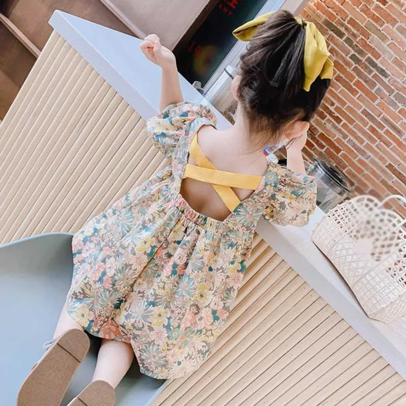 Summer Girls Korean Dress Baby Kids Princess Dress With Bare Backs And Broken Flowers 2 8Years Children Clothing Q0716