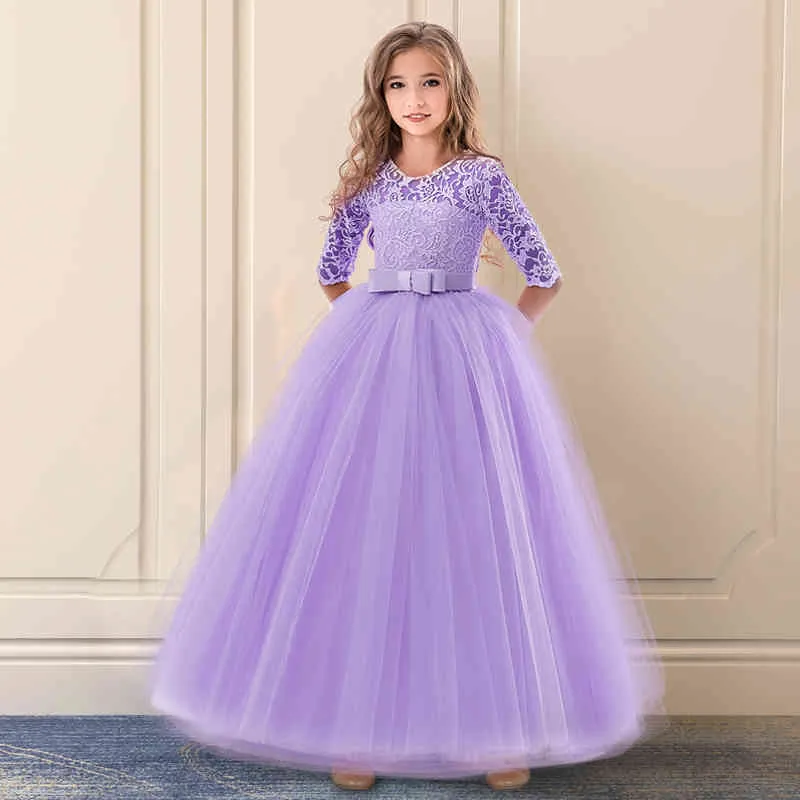 Haloumoning Meisjesjurk Elegant Lange Mouwen Jurken Kids A-Lijn Plooirok Ronde Hals Vloeiende Midi Jurk, blauw, 9-10 Jaar