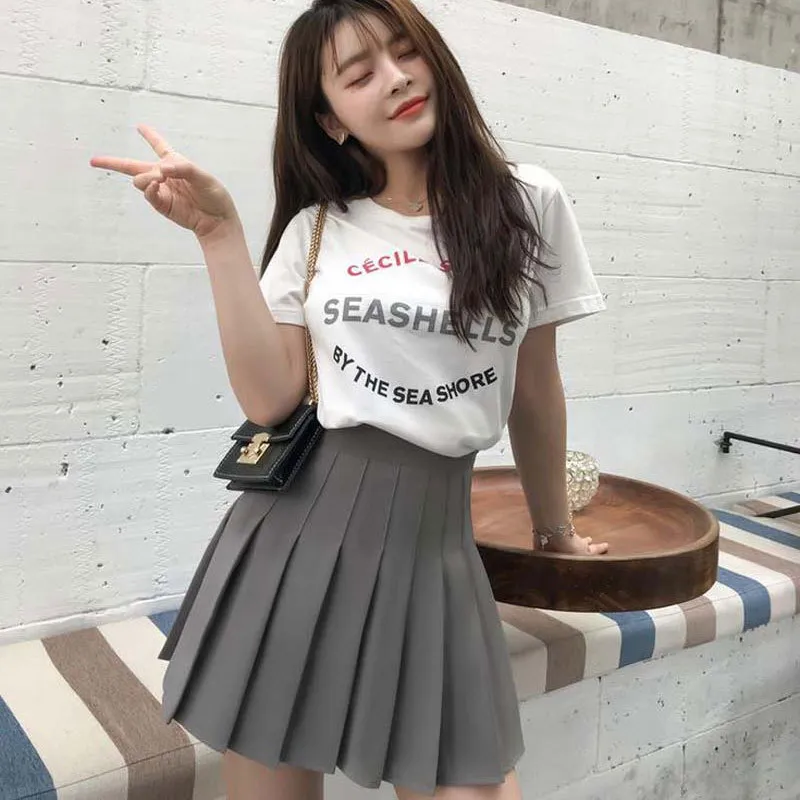 2020 listrado coreano saia plissada escola kawaii japonês saia shorts doce coreana  coreana estilo de roupas de cintura alta de um mini-linha de / Fundos ~