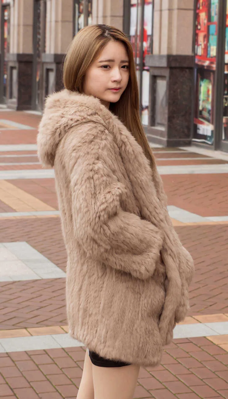 Rabbit fur sales hooded coat