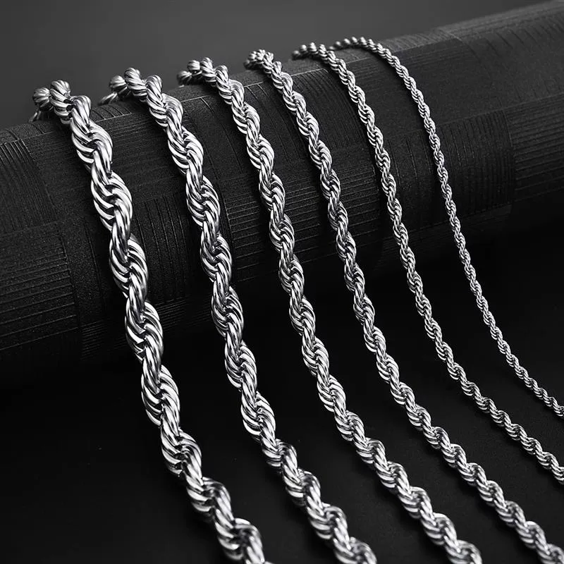 Stainless Steel Rope Chain Necklace, 5mm Waterproof Silver Chain