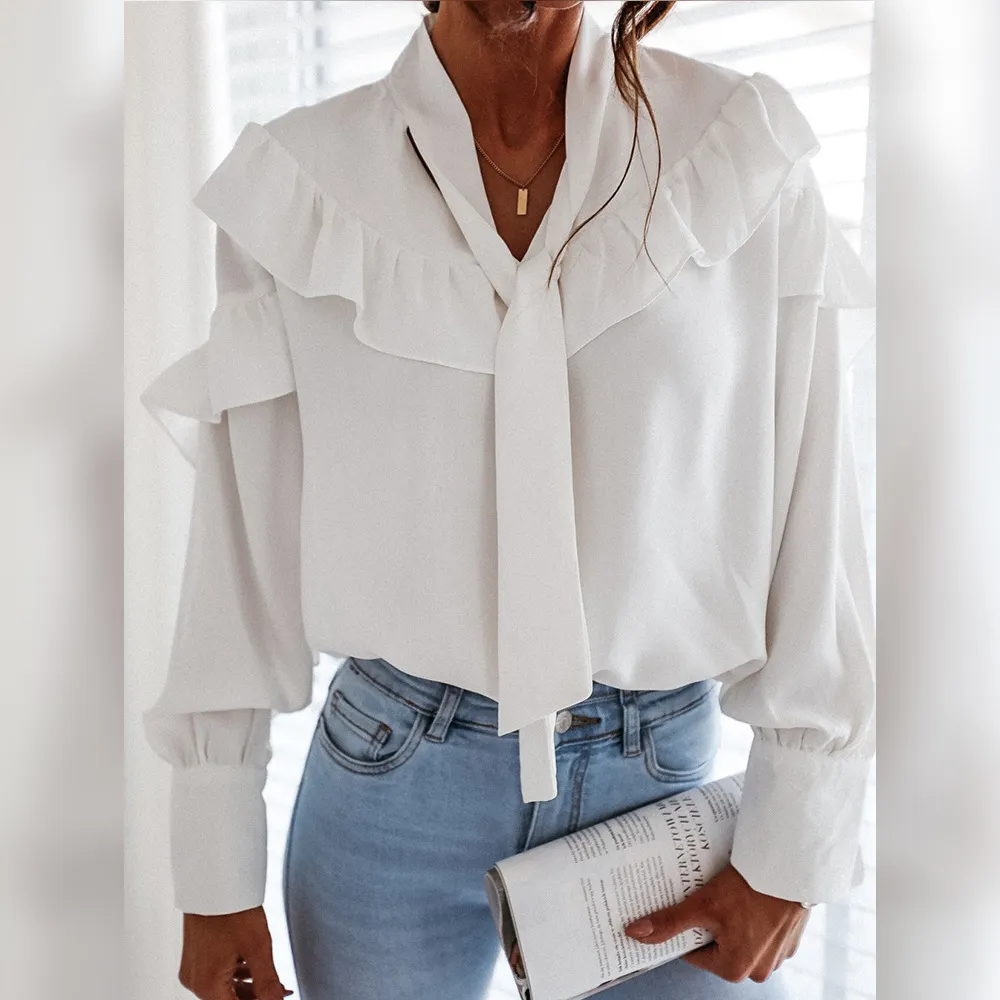 White Ladies Long Sleeve Ruffle Blouse Shirt Women Autumn Winter