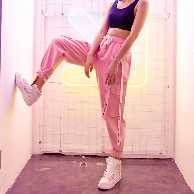 Harajuku Hip Hop Women Cargo Pants High Waist Korean Ribbon Pink