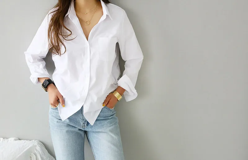 Primavera Una Tasca Donne Camicia Bianca Camicia Femminile Top Manica Lunga Manica Lunga Casual Turn Down Collar OL Style Donne Allentati Camicette 210419 Da 6 62 DHgate