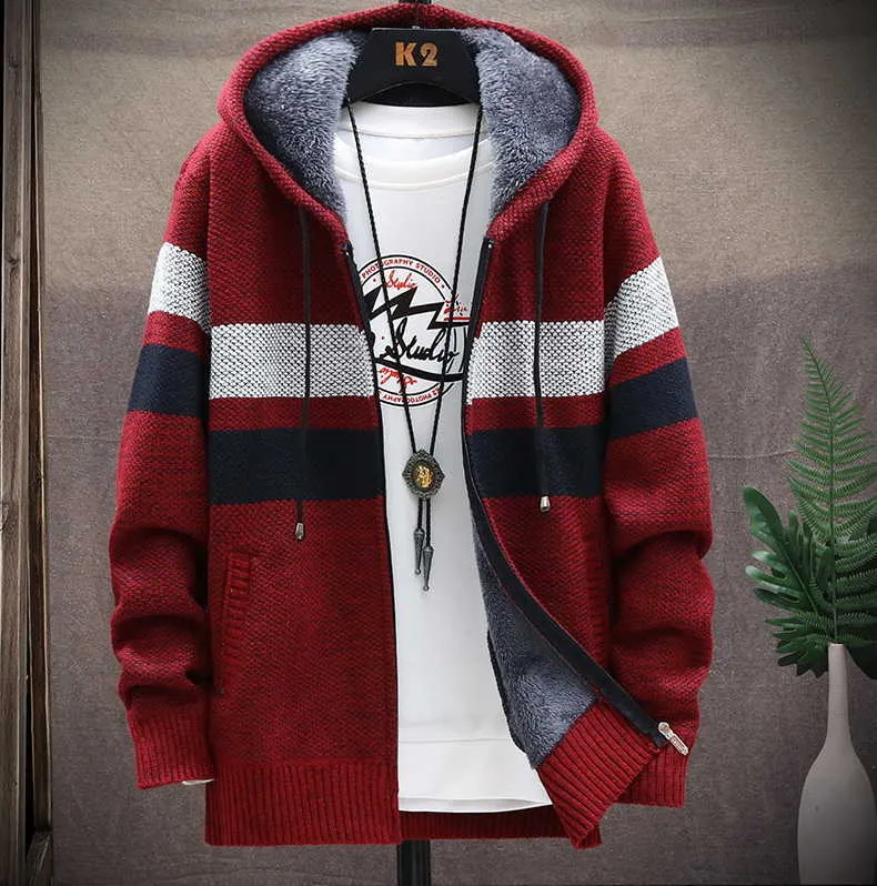 FALIZA Mens Striped Sweater Coat Thick Fleece Warm Zipper Wool