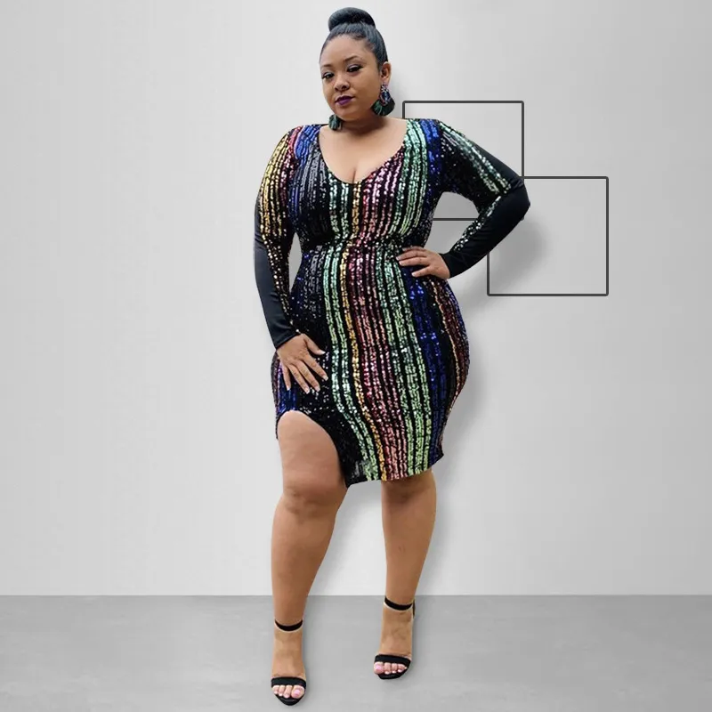 Lantejoulas Vestido Festa Plus Size Manga Longa Vestido Plus Size