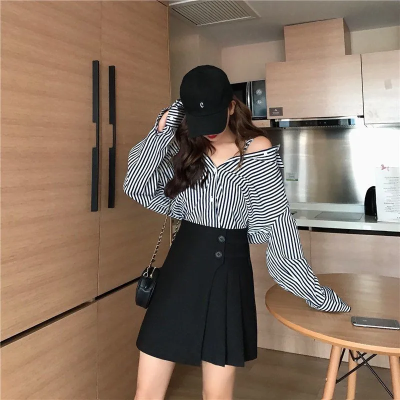 Pleated Skirt Black High Waisted Skirt Outfit Ideas Summer Korean
