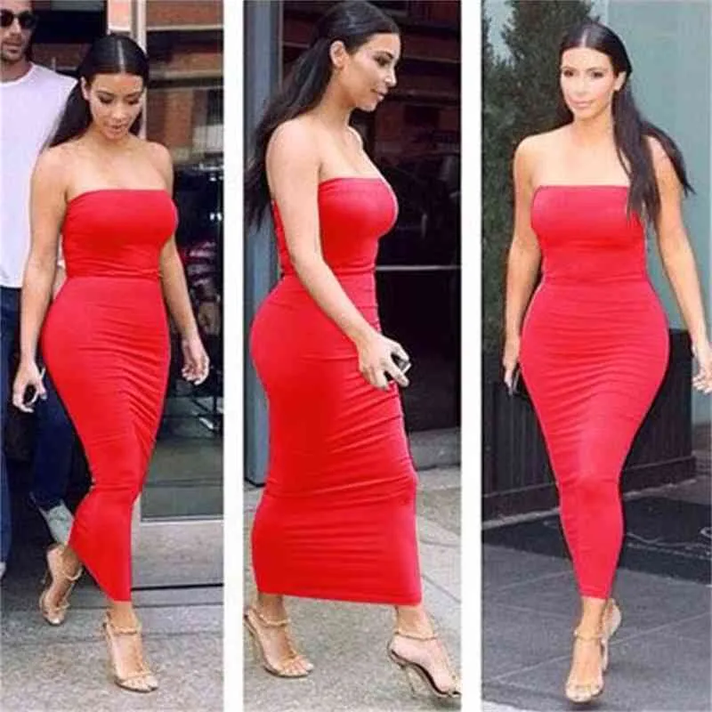 Long DRESS Kim Kardashian Dresses Women Sheath Strapless Bodycon