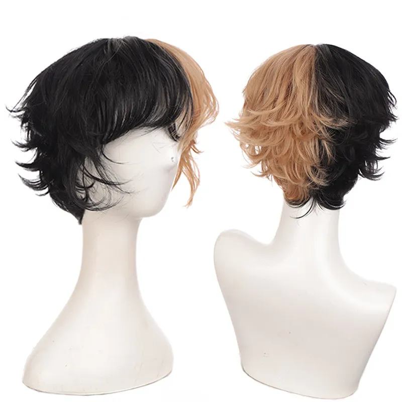 Short Curly Male Wig Black White Yellow Half Cosplay Anime Costume