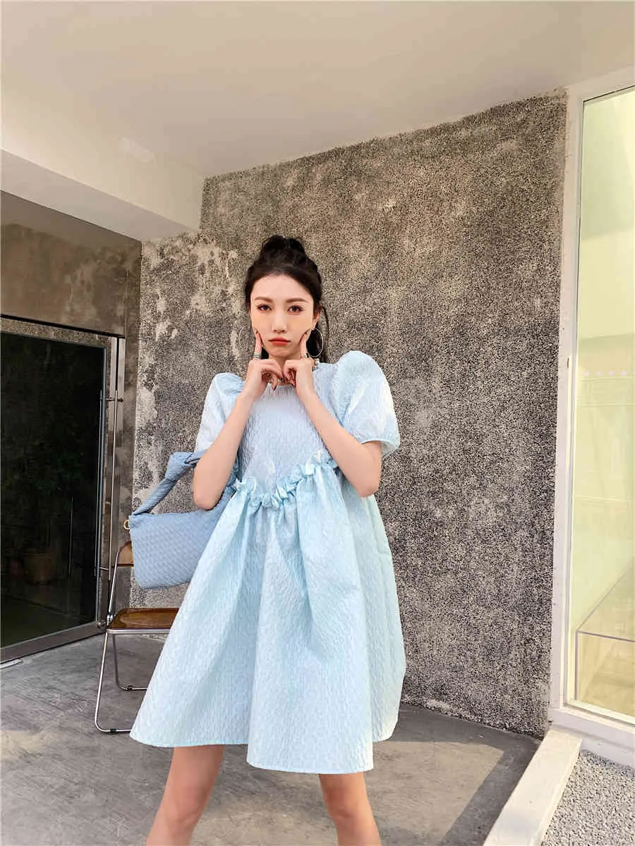 Blue Puff Sleeve Ball Gown Summer Dress Short Ruched Loose Women Korean Fashion Clothing 210427