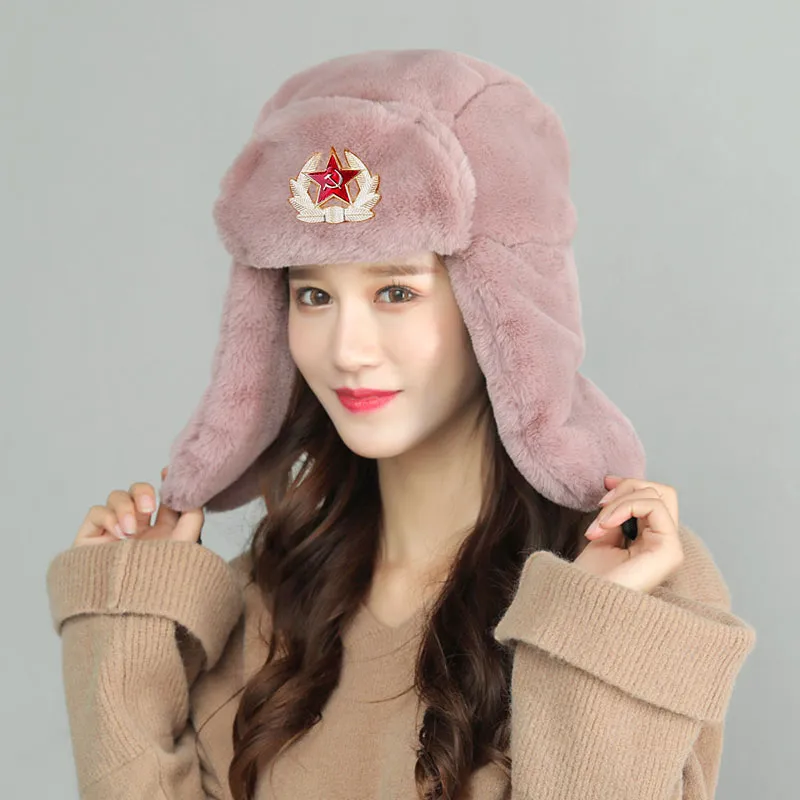 Soviet Badge Ushanka Russian Men Women Winter Hats Faux Fur Army